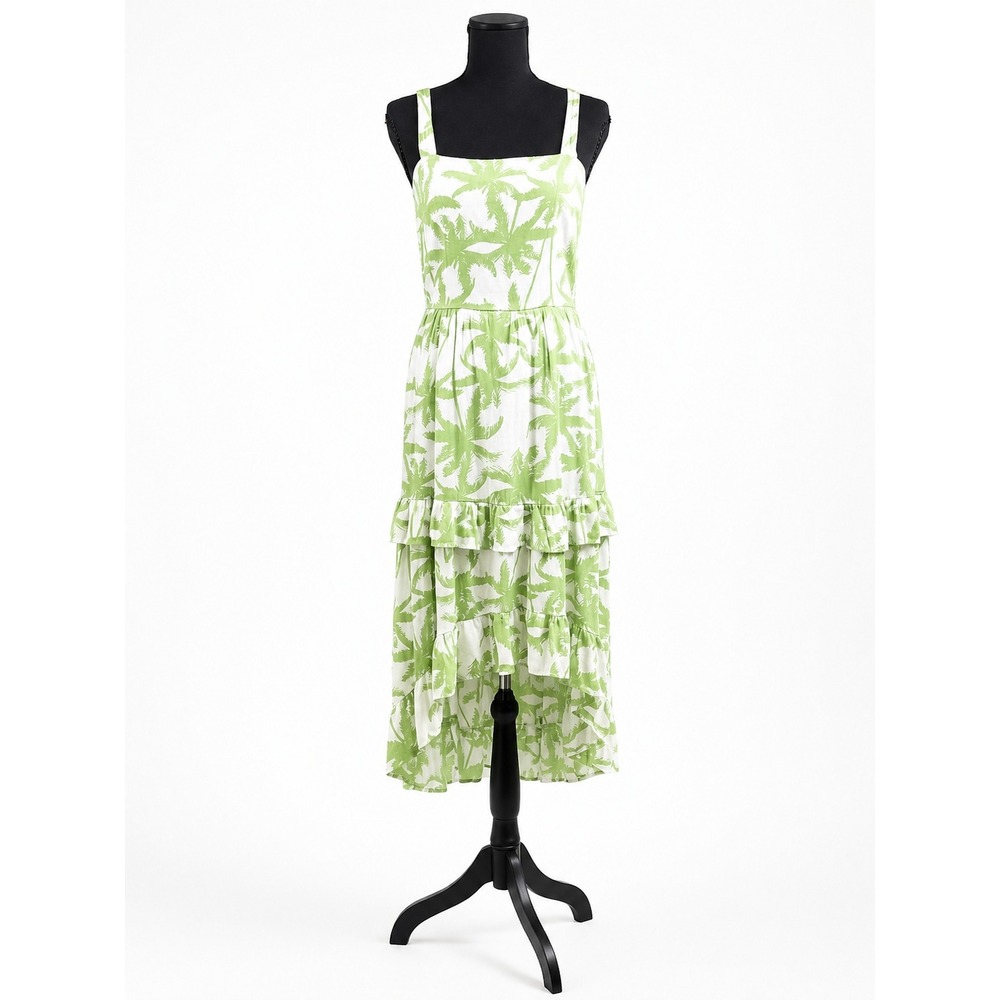 Trixxi Green Palm Print Tiered Maxi Dress Size M Tropical Ruffle Sundress